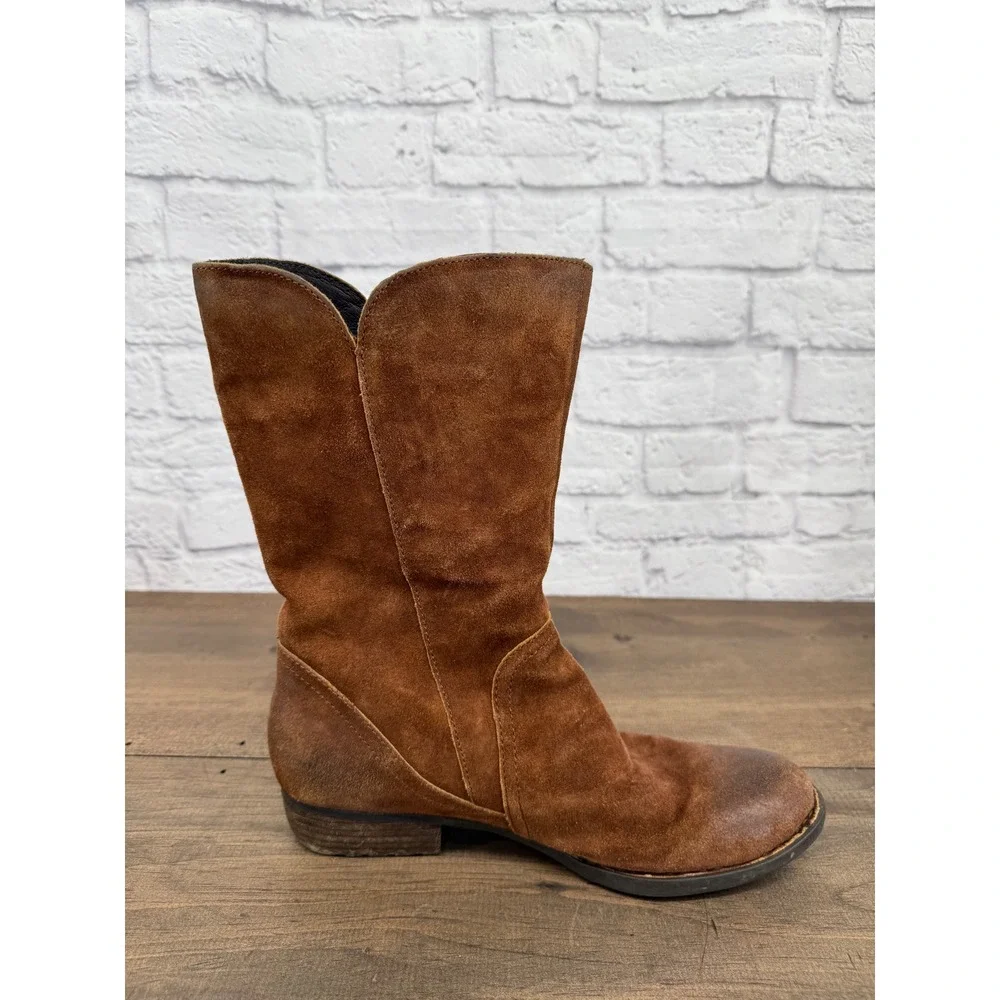 Born Brown Suede Mid Calf Boots Women's 10M Side Zip Leather Boho Rustic Moto